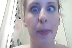 Playful white girlfriend is in the shower filming herself