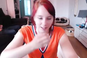 Red-haired nympho with shapely breasts can't live without masturbating on webcam