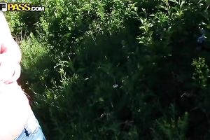 Blonde legal age teenager blows in the field and enjoys rear banging