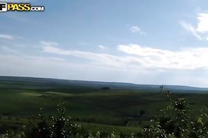 Blonde legal age teenager blows in the field and enjoys rear banging