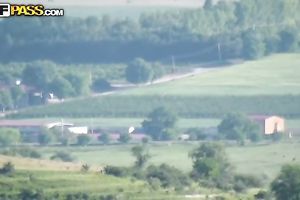 Blonde legal age teenager blows in the field and enjoys rear banging