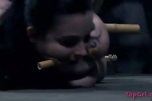 Busty floozy with jet dark hair gets punished hard