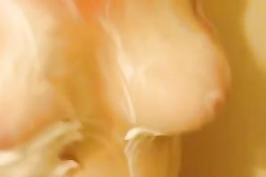 My torrid girl washes her huge natural whoppers in front of me