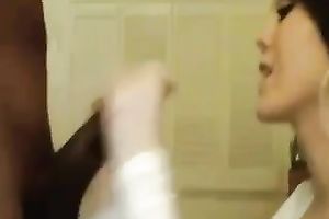 Cum guzzling brunette hair sucks my big dark weenie with excitement