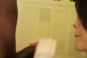 Cum guzzling brunette hair sucks my big dark weenie with excitement