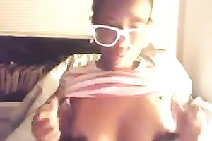 Amateur swarthy sweetheart kneads her love bubbles in web camera solo scene
