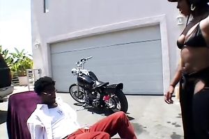 Hot whore with chocolate skin receives her taut juicy cunny group-fucked