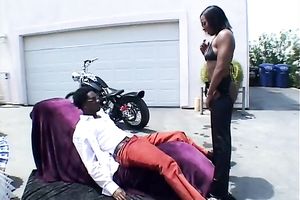 Hot whore with chocolate skin receives her taut juicy cunny group-fucked