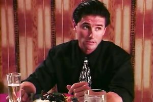 Retro clip with an alluring chick engulfing a pecker at the dinner table