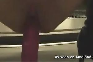 Nasty blond hoe masturbates with sex tool in the educate