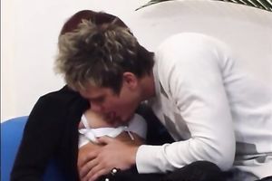 Red-haired skank helps her paramour to strip so this babe can fuck him