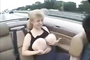 Amateur blond plays with her biggest natural pointer sisters in a car