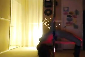 This svelte asian honey with tan lines can't live without pole dancing at home