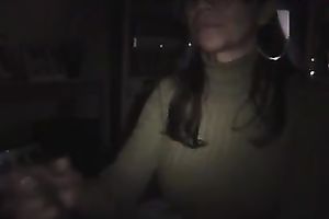 Sexy brunette hair co-worker enjoys engulfing and rubbing my dark shaft