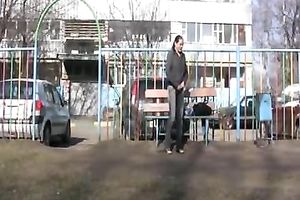 Just a cute Russian brunette hair in public pees in her panties