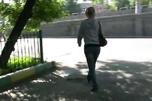 Russian dilettante blond white wife makes her pants soaked with urinate