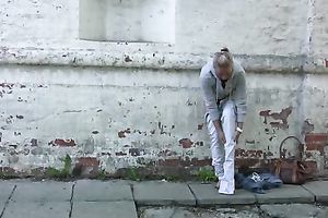 Russian dilettante blond white wife makes her pants soaked with urinate
