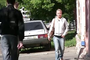 Russian dilettante blond white wife makes her pants soaked with urinate