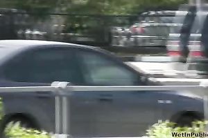 Spoiled brunette hair Tanya pees her capris in the street