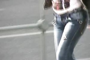 Spoiled brunette hair Tanya pees her capris in the street