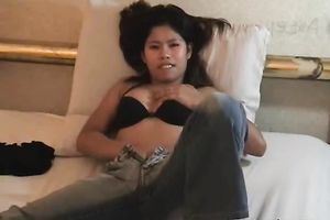 Magnificent dark brown Asian cheating wife in couch teasing with her sexy body