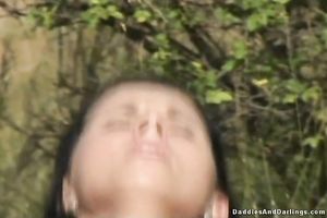 Brunette bitch takes a avid ride on a weenie in the fields