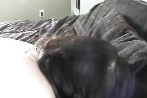 Hot brunette hair beauty with nice-looking slender body rubs her constricted hairless cum-hole