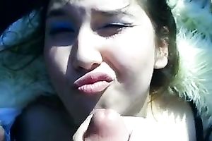 Cheerful whore sucks my prick until this babe receives a facial