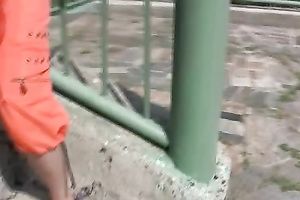 That freaky wench chained to the post pees in her pants