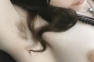 European slim white slut with curly armpits masturbates