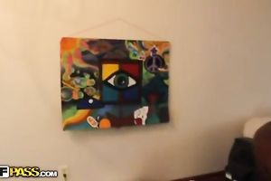 POV video with a lustful dark brown chick engulfing a hard cock