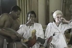 Two impure honeys passionately attacked one giant chocolate sausage