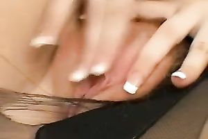 Palatable golden-haired beauty tores her tights to masturbate