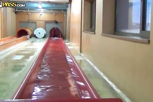 Boyfriend uses his pont of time and copulates his cute girlfriend in the restroom