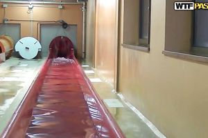 Boyfriend uses his pont of time and copulates his cute girlfriend in the restroom