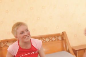 Ugly non-professional golden-haired sucks a weiner and receives her wet crack smashed