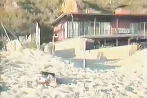 Slutty honey receives her vagina licked and group-fucked on a beach in retro vid