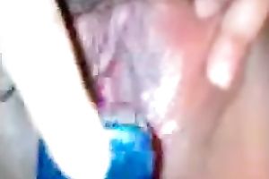 Pounding my shaved creamy cum-hole with all of my toys