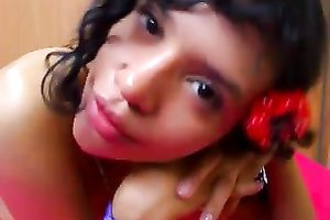 Devilishly nasty brunette hair is rubbing her bald punani for me