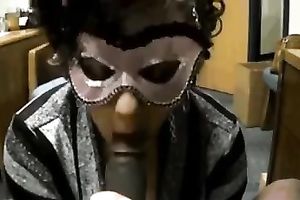 Masked floozy sucks my dark sausage and enjoys it hard from behind