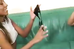 Playful Asian lesbian babes aid every other acquire exposed on the couch