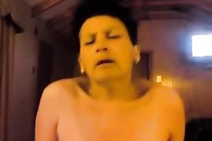Short-haired older slutwife groans loudly while riding my dick
