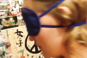 POV cock-sucking act with an appealing blindfolded golden-haired