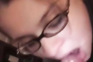 Slutty four eyed honey sucks my rock hard schlong on camera