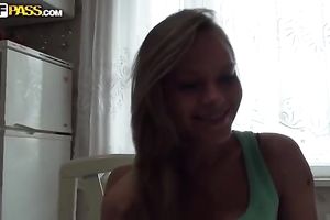 Hot blondie acquires stripped and lets her dude take up with the tongue ice jizz from her body