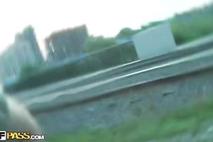 Beautiful non-professional girlfriend outdoors having quick sex