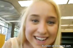 Cute blond slutty wife with round zeppelins masturbates in the library