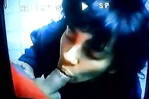 Brunette married colleague blows my dark cock on cam