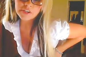 Desirable secretary in glasses flashes her large wet boobies