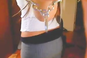 Desirable secretary in glasses flashes her large wet boobies